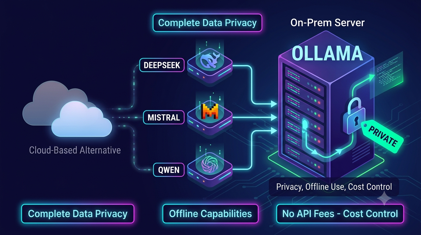 Ollama local LLM deployment and private AI infrastructure illustration