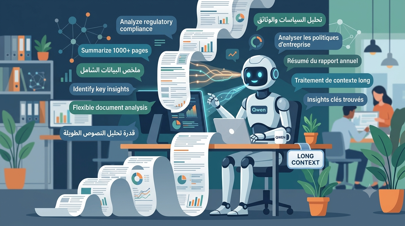 Qwen multilingual AI and long-context workflow illustration